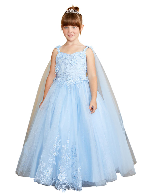 3D Floral Bodice Glitter Tulle Detachable Cape Special Occasion Dress, Sizes 2-18 - SophiasStyle.com